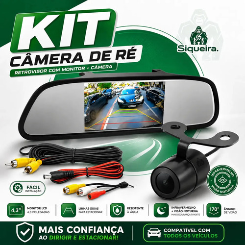 S Siqueira kit câmera de ré com tela no retrovisor 4,3 polegadas
